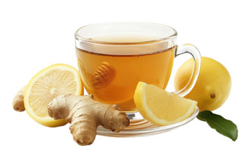 Ginger tea with honey and lemon isolated on transparent background.
