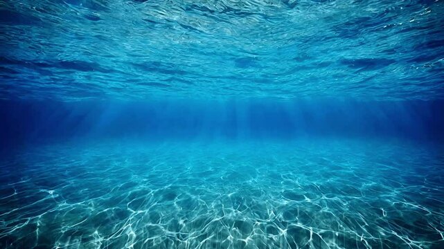 Beautiful underwater world view in the blue ocean. Underwater scenery background showing the seabed and sea surface illuminated by sunlight with water ripples. 4K