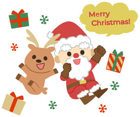 クリスマスをイメージしたジャンプしているかわいいサンタクロースとトナカイのアイコンイラスト