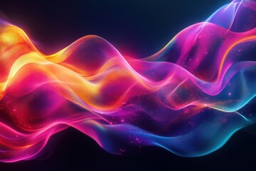 A series of colorful, glowing waves in hues of pink, purple, yellow and blue flow across a dark background