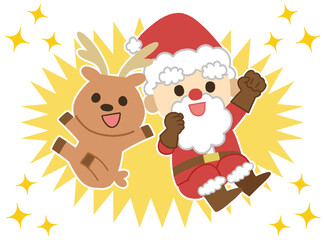 クリスマスをイメージしたジャンプしているかわいいサンタクロースとトナカイのアイコンイラスト