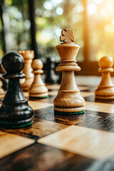 Fototapeta premium A wooden chess piece is on a checkered board. AI Generated