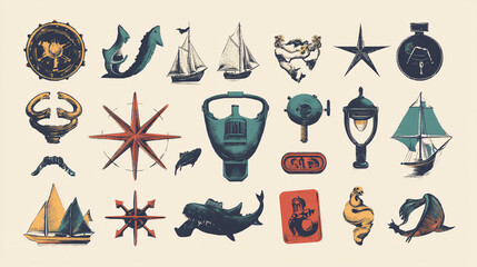 A visual of various vintage symbols with a retro design and muted colors.