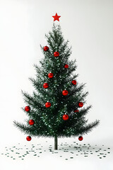 Obraz premium White background with green confetti and red baubles on a small Christmas tree