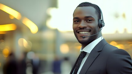 Black male Customer Service Operator Wearing Headset.