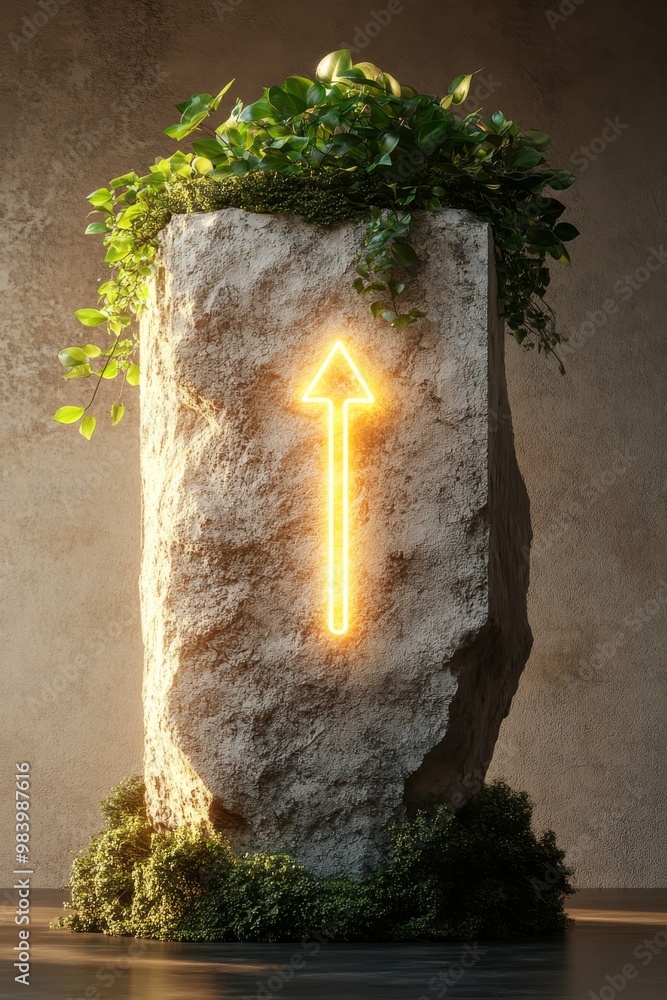 Poster a large rock formation adorned with vibrant greenery features a glowing arrow pointing upward, creat