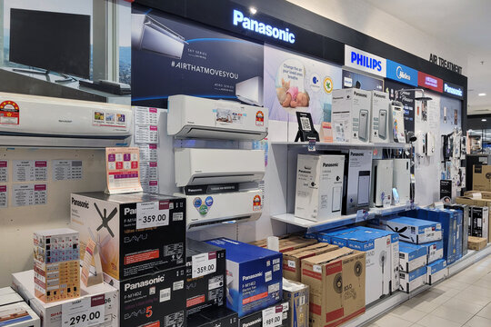 PENANG, MALAYSIA - 18 SEP 2024: Interior view of various selection air conditioner in Aeon shopping mall, Penang. AEON is the is a leading General Merchandise Store in Malaysia.