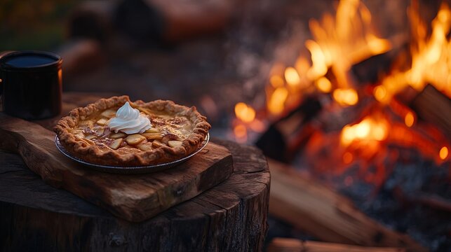 A rustic wooden table set with freshly baked apple pie, served with a dollop of whipped cream - Powered by Adobe