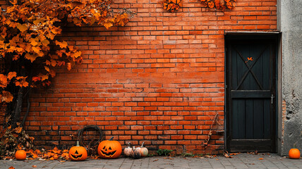 A festive Halloween display with carved pumpkins and autumn leaves against a rustic brick wall