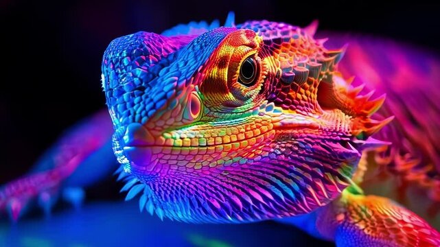 Bearded dragon basking in vibrant neon lights, shimmering scales in a mesmerizing display of color and texture against a dark background, creating a psychedelic and futuristic feel