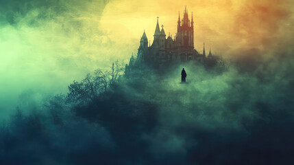 A castle is shown in the distance with a person standing in the fog