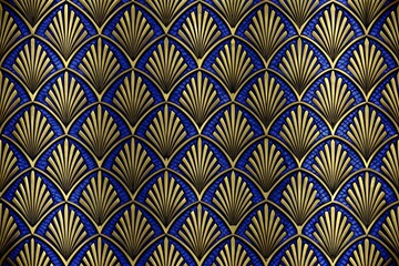 Seamless Golden Art Deco Palm Fan or Shell Line Pattern Vintage. Abstract Geometric Arches Gold Plated Relief Sculpture on Black Background