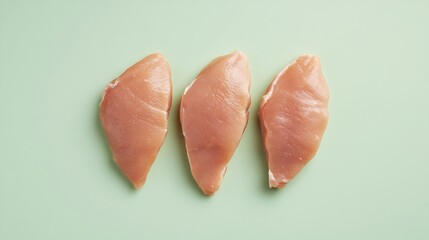 A beautifully arranged set of raw chicken breasts, glistening and fresh, isolated on a light green background, leaving space for text on the sides