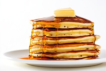 A stack of fluffy golden pancakes dripping with rich maple syrup, topped with melting butter.