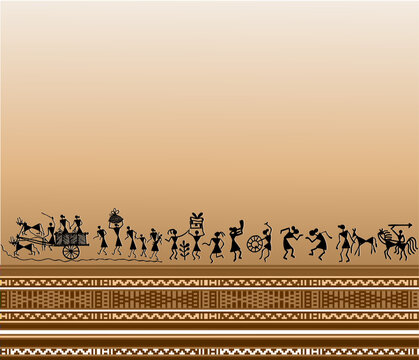 Warli or tribal art vector illustration with border for textile or interior decor.
