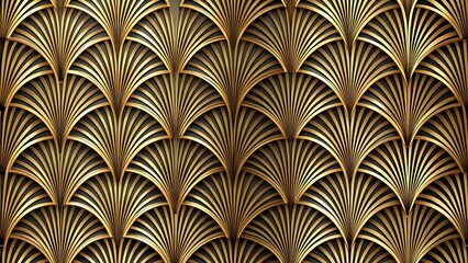 Seamless Golden Art Deco Palm Fan or Shell Line Pattern Vintage. Abstract Geometric Arches Gold Plated Relief Sculpture on Black Background