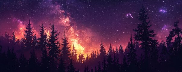 Fototapeta premium A panoramic view of black forest silhouettes set against a deep purple sky lit by the radiant glow of the Milky Way. The galaxy stars and swirling nebulae shine down on the forest, creating an