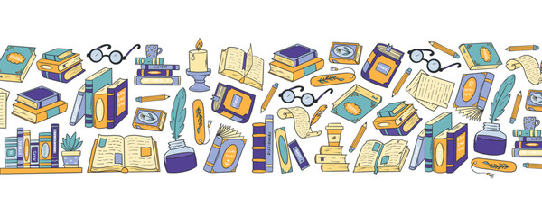 Reading, books doodles horizontal banner for prints, cards, social media decor, templates. World book day, library, education theme. EPS 10