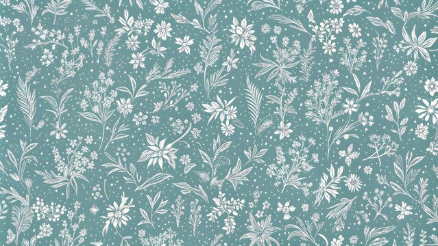 Seamless doodle botanicals pattern in a winter color palette of pale dusty blue and white.  Seamless botanical pattern in pastel blue and white. All over abstract floral print