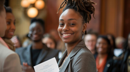 A businesswoman smiling as she receives her certificate, surrounded by supportive crowd. Her joy and achievement are evident in this celebratory moment.