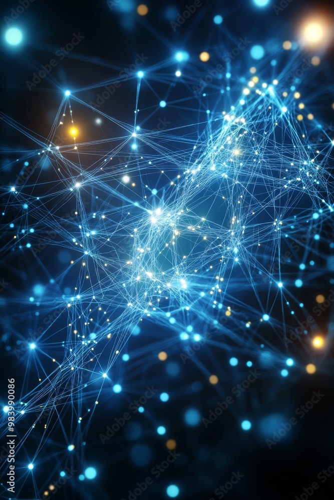 Poster a vibrant display of interconnected blue lines and glowing dots creates an abstract visual of a digi