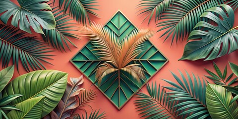 Fototapeta premium Stylized tropical foliage arranged in a geometric pattern on a bright coral surface, with a subtle gradient effect in the center that adds a touch of modernity and sophistication