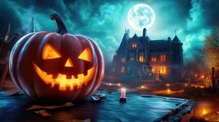 Obraz premium Halloween pumpkin with candlelight in front of a haunted house background,