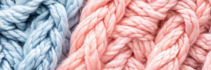 Close - up of knitted wool texture with thick yarn in soft pastel colors