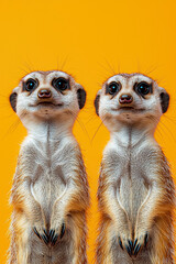 Two baby meerkats standing next to each other on a yellow background. AI Generated