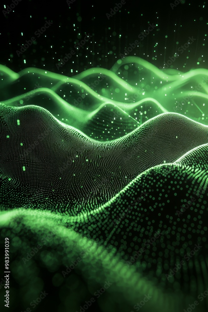 Poster glowing green wave-like patterns ripple across a dark backdrop, with luminous particles floating in 