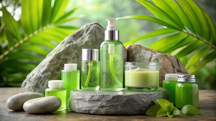 High-quality image with bright and clear clarity of light green skin care products on stone