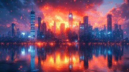 Obraz premium Fiery Urban Skyline at Sunset Generative AI