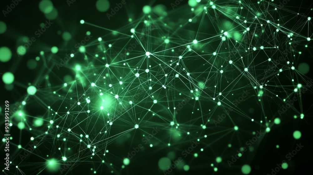 Poster an intricate network of glowing green nodes and lines creates a dynamic pattern on a dark background