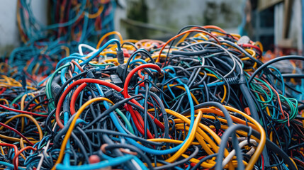 Chaotic pile of tangled colorful cables in red, blue, yellow, and black. The wires twist and overlap, creating an intricate, busy scene of electrical disorder.