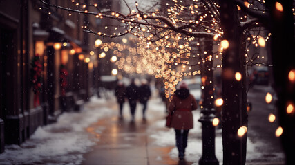 Snowy city street with twinkling Christmas lights and bokeh. Christmas 2024