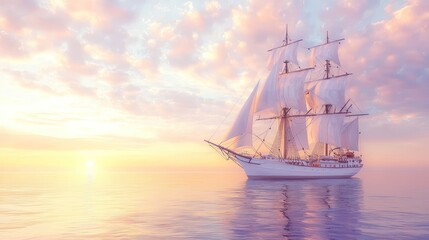 Obraz premium An off-white painted sailing ship on a calm ocean at dawn, with the sails catching the first light of the sun against a pastel sky