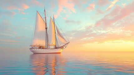Fototapeta premium An off-white painted sailing ship on a calm ocean at dawn, with the sails catching the first light of the sun against a pastel sky