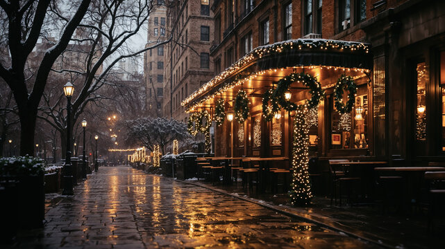 Festive city cafe on a snowy winter night. Christmas 2024