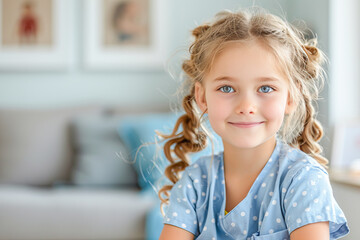 Naklejka premium Cute blonde girl smiling and posing at home