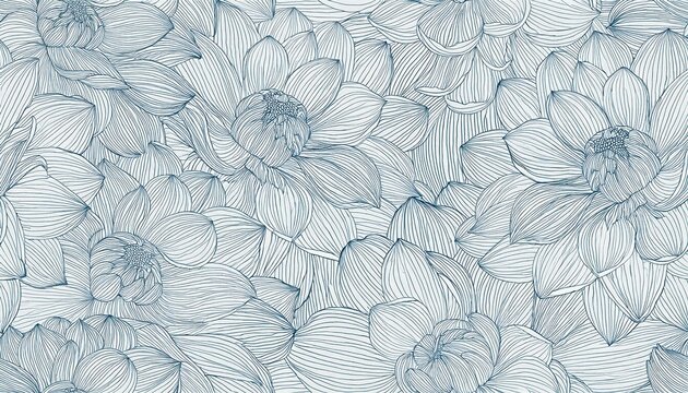 Fototapeta Seamless pattern with hand-drawn dahlia flowers. floral seamless pattern with hand-drawn dahlias. Line art floral elements seamless pattern. Background with drawn outline foliage natural leaves herbs.
