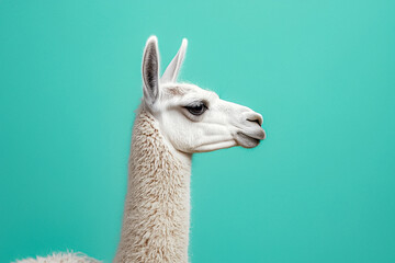 Obraz premium A white llama is standing in front of a blue background. AI Generated