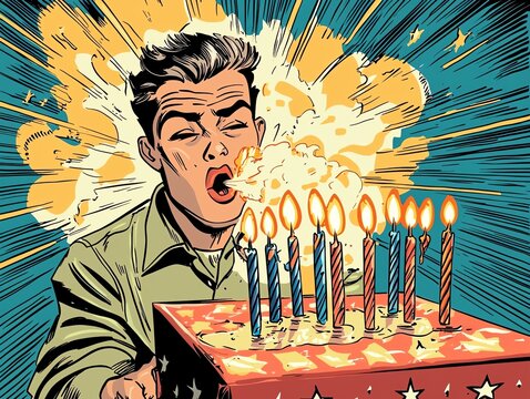 Man blowing out candles on birthday cake, comic book style