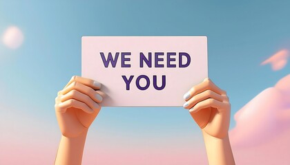 Person holding up a sign with "We need you" against a blue sky.
