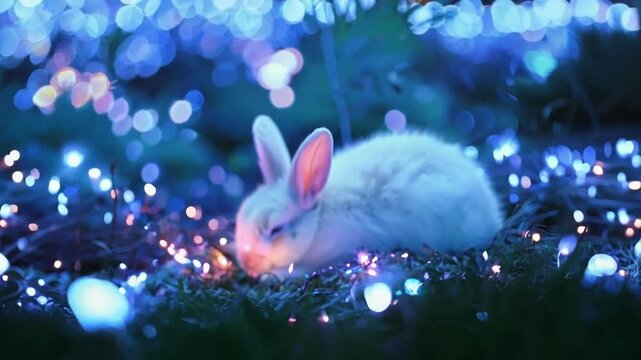Fluffy white rabbit is sleeping on a bed of grass surrounded by blue and pink fairy lights, creating a magical and dreamy atmosphere