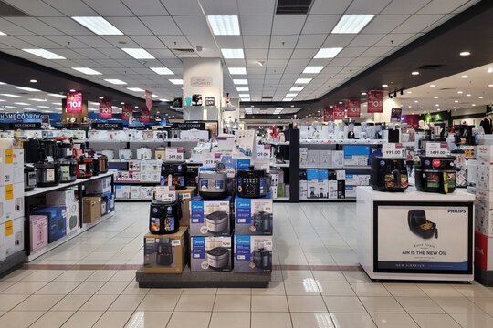 PENANG, MALAYSIA - 18 SEP 2024: Interior view of electronic and kitchenware department store in Aeon shopping mall, Penang. AEON is the is a leading General Merchandise Store in Malaysia.