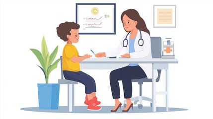 Fototapeta premium Examination by Pediatrician. Pediatric department in Hospital with Woman Doctor and Child during Examination. Doctor and Baby. Medical Health care Set. Vector Illustration in Flat style.