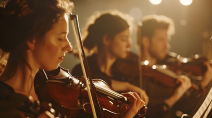 Fototapeta premium Focused musicians play violins in a warm, dimly lit setting. Their expressions show passion and dedication to the music they create.