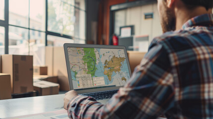 A logistics coordinator reviewing routing software on laptop in warehouse. scene conveys focus and efficiency in logistics management.