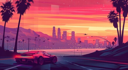Naklejka premium Vaporwave car, holographic 80s sun and sky. Retrowave neon miami with tropical gradient road. Pink summer glow drive. Nature shine landscape poster. Retro violet cyberpunk palm