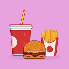 Vector Illustrator of Fast Food Set. Isolated Burger, French Fries and Soda.